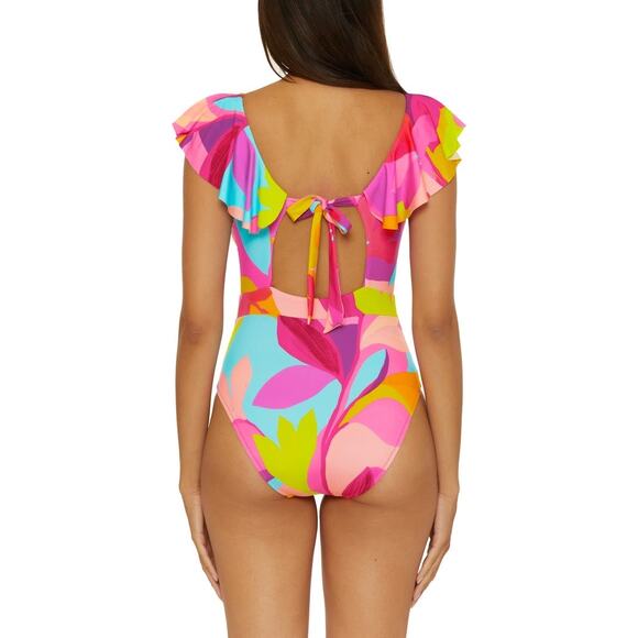 NWT Trina Turk Lilleth Ruffle One-Piece Swimsuit Pink Multi - Size: 10 - Picture 4 of 11